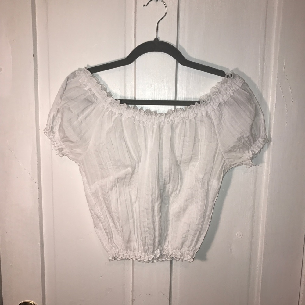 White ruffle off the sleeve top